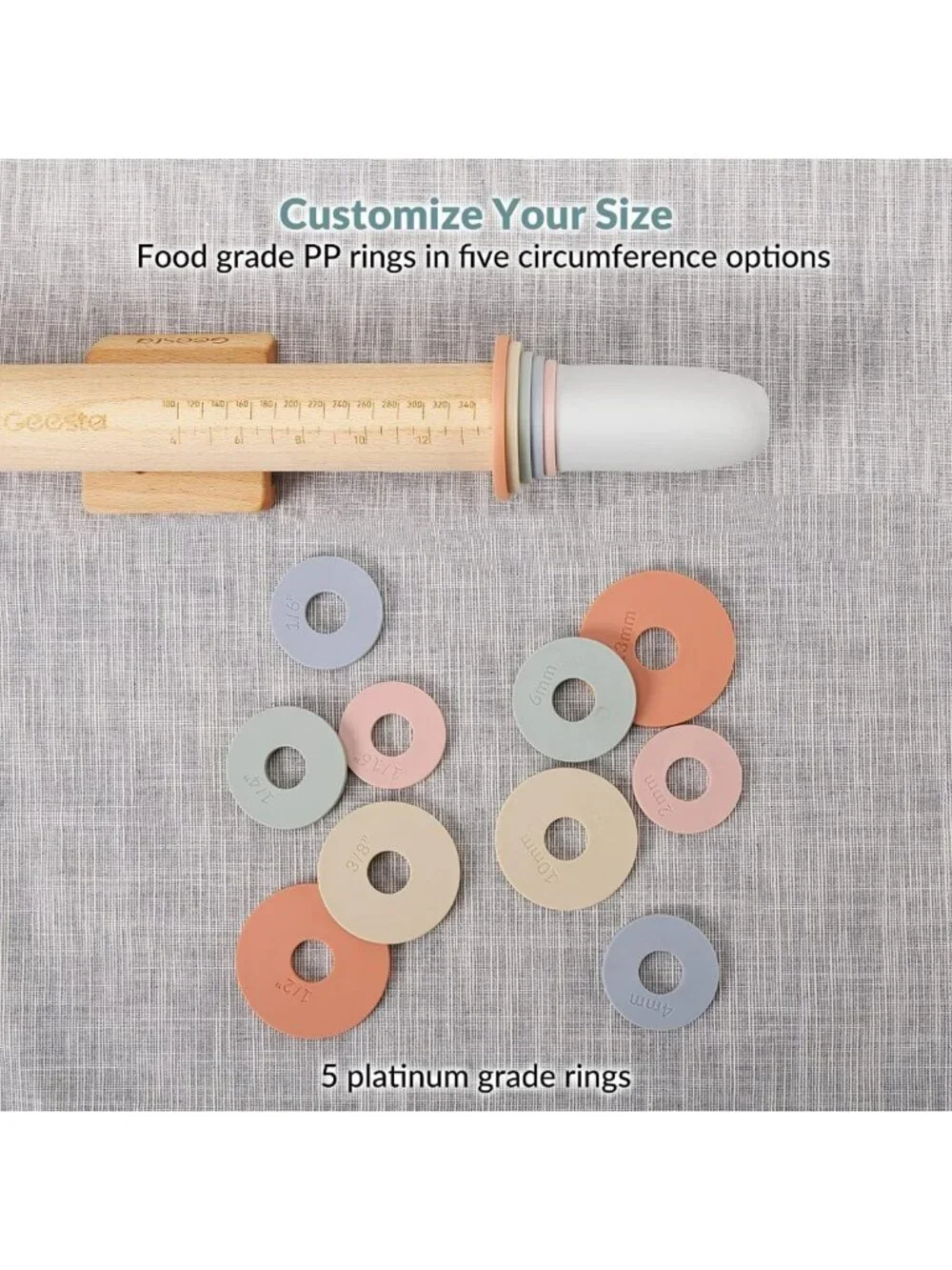 Adjustable Rolling Pin with 5 Thickness Rings & Measurement Guide for Baking